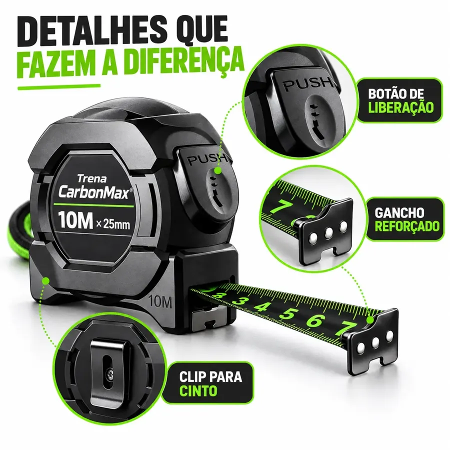 Detalhes da Trena CarbonMax: botão de liberação, gancho reforçado e clip para cinto